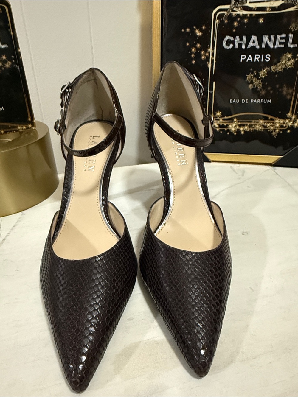Lauren Ralph Lauren Dark Brown Textured Pointed-Toe Ankle-Strap Heels